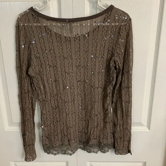 BKE Buckle Burnout Sequin Lace Top Shirt Womens L Taupe Y2K Sheer - Picture 2 of 11